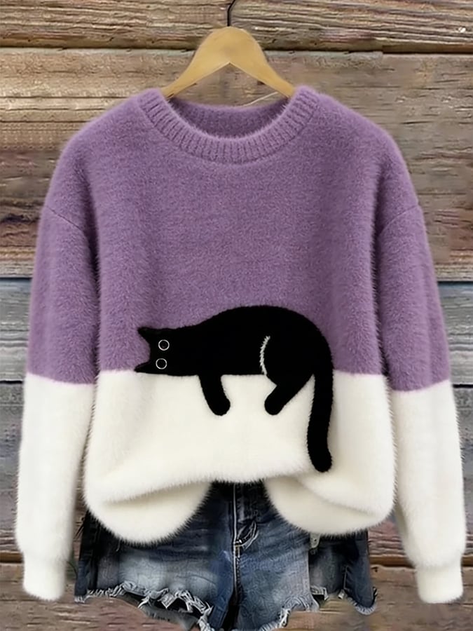 Luna™ | Suéter de punto suave con gato dormido
