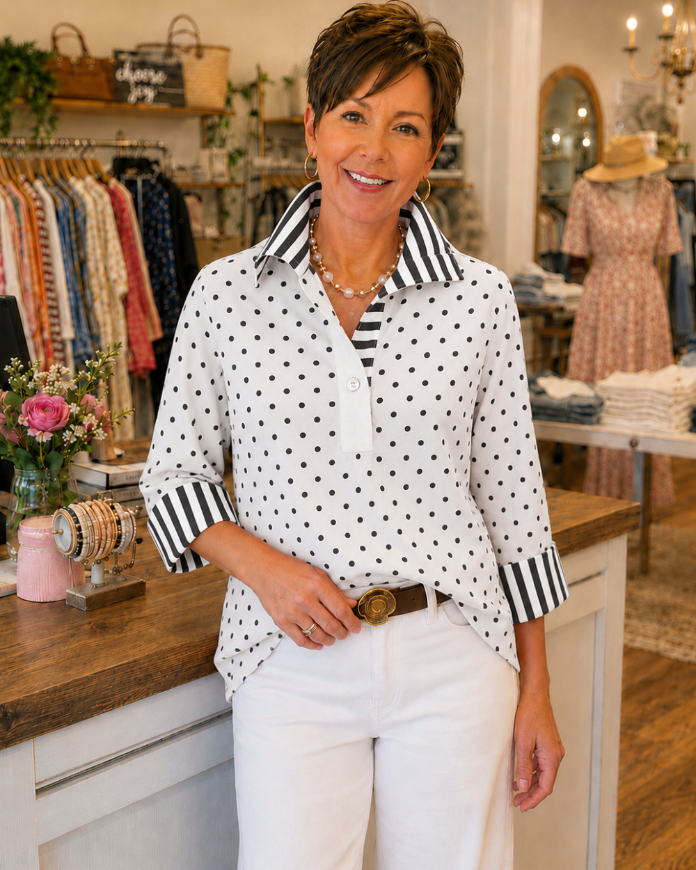 Marisol™ | Blusa de lunares con cuello y puños de rayas