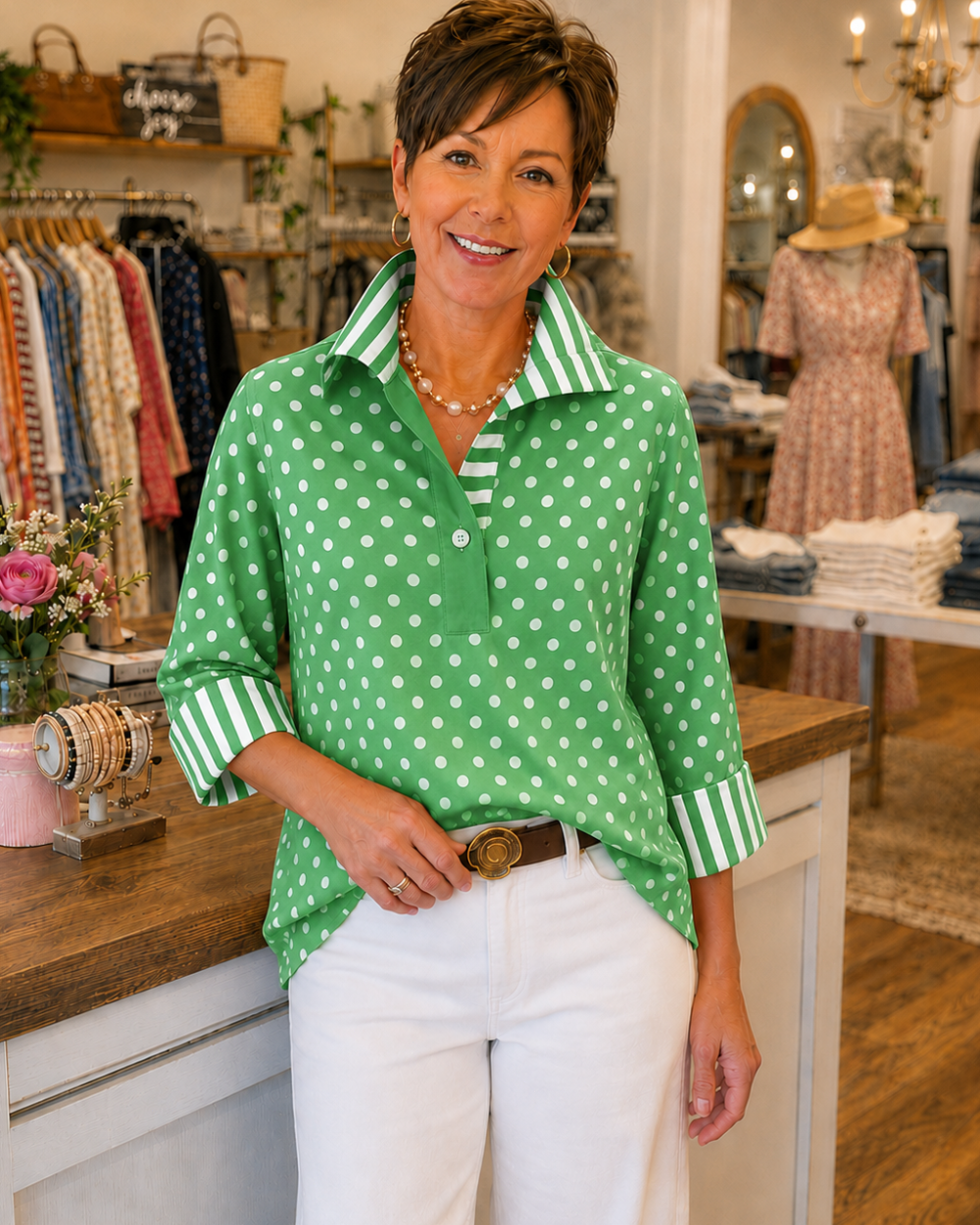 Marisol™ | Blusa de lunares con cuello y puños de rayas