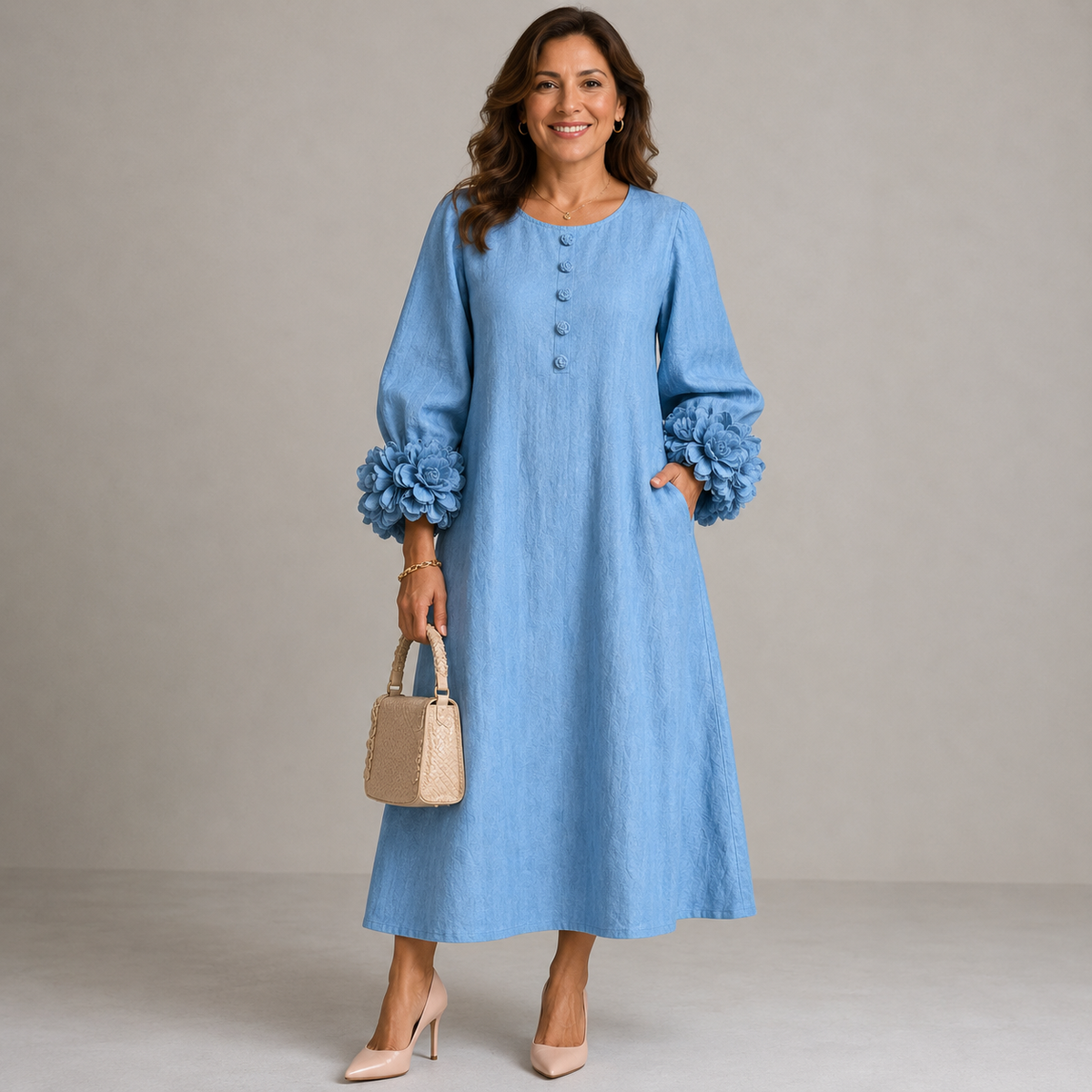 Renata™ | Vestido midi de lino con flores en las mangas
