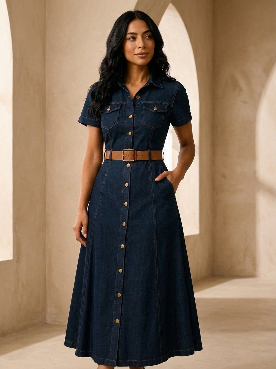 Vestido Lorena™ | Denim suave con botones y vuelo