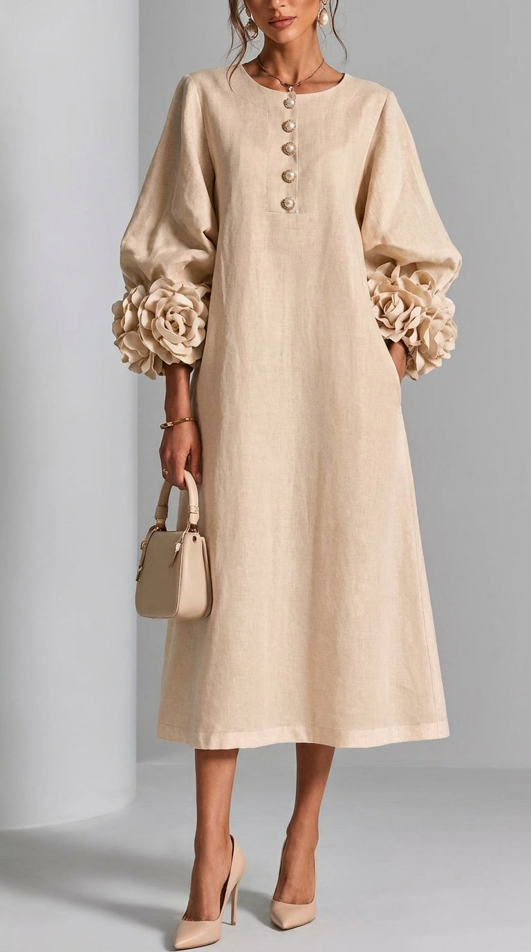 Renata™ | Vestido midi de lino con flores en las mangas