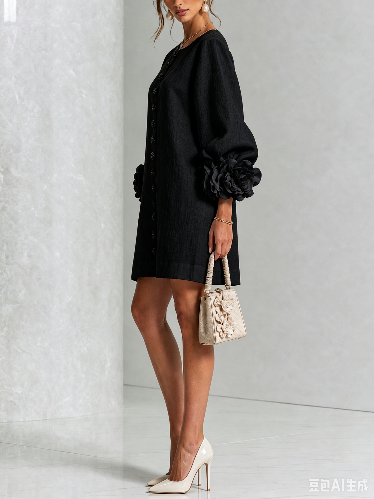 Amara™ | Vestido corto de lino con botones y flores en las mangas