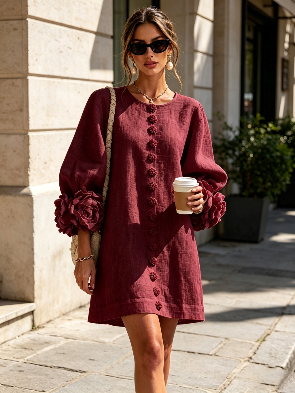 Amara™ | Vestido corto de lino con botones y flores en las mangas