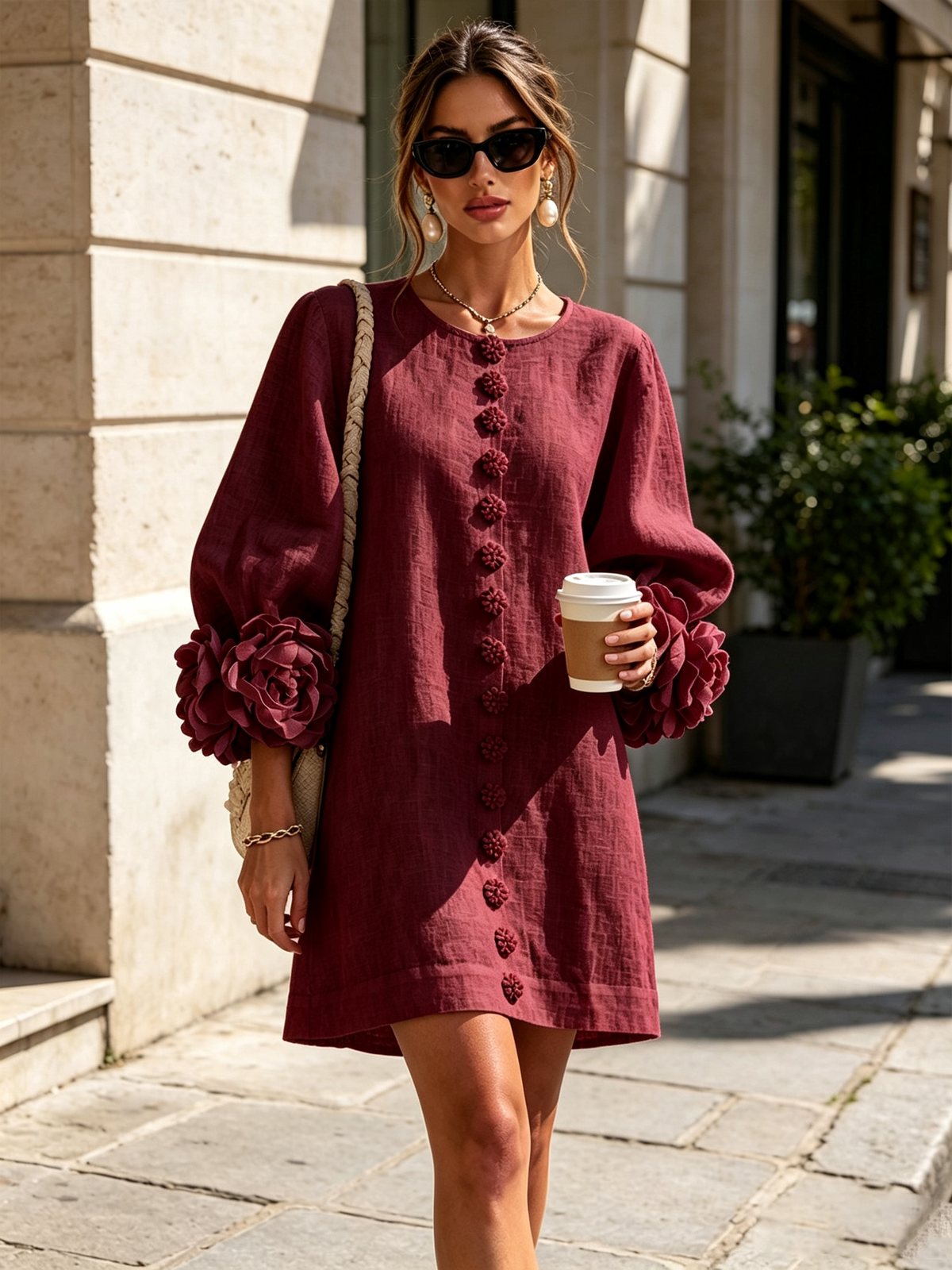 Amara™ | Vestido corto de lino con botones y flores en las mangas