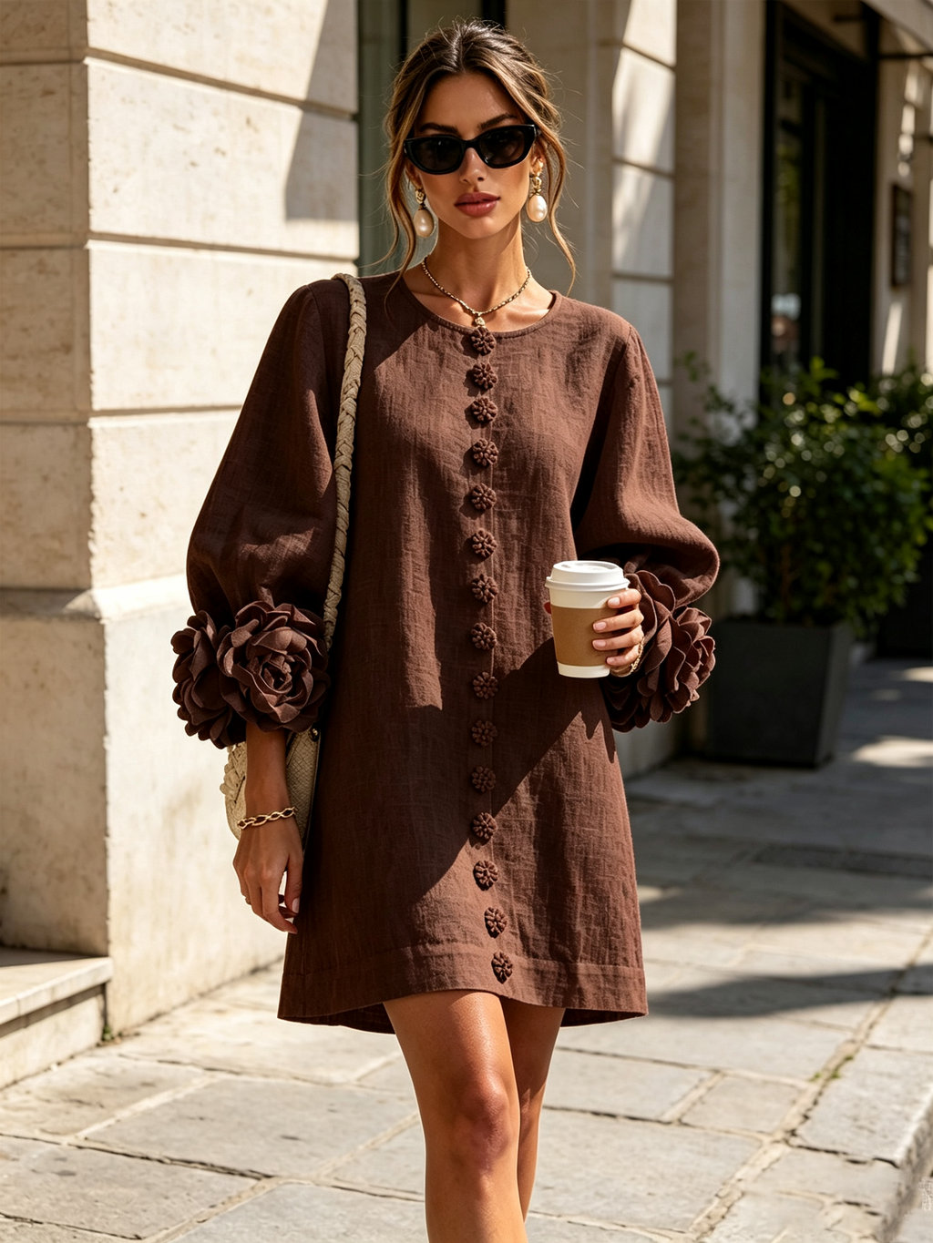 Amara™ | Vestido corto de lino con botones y flores en las mangas