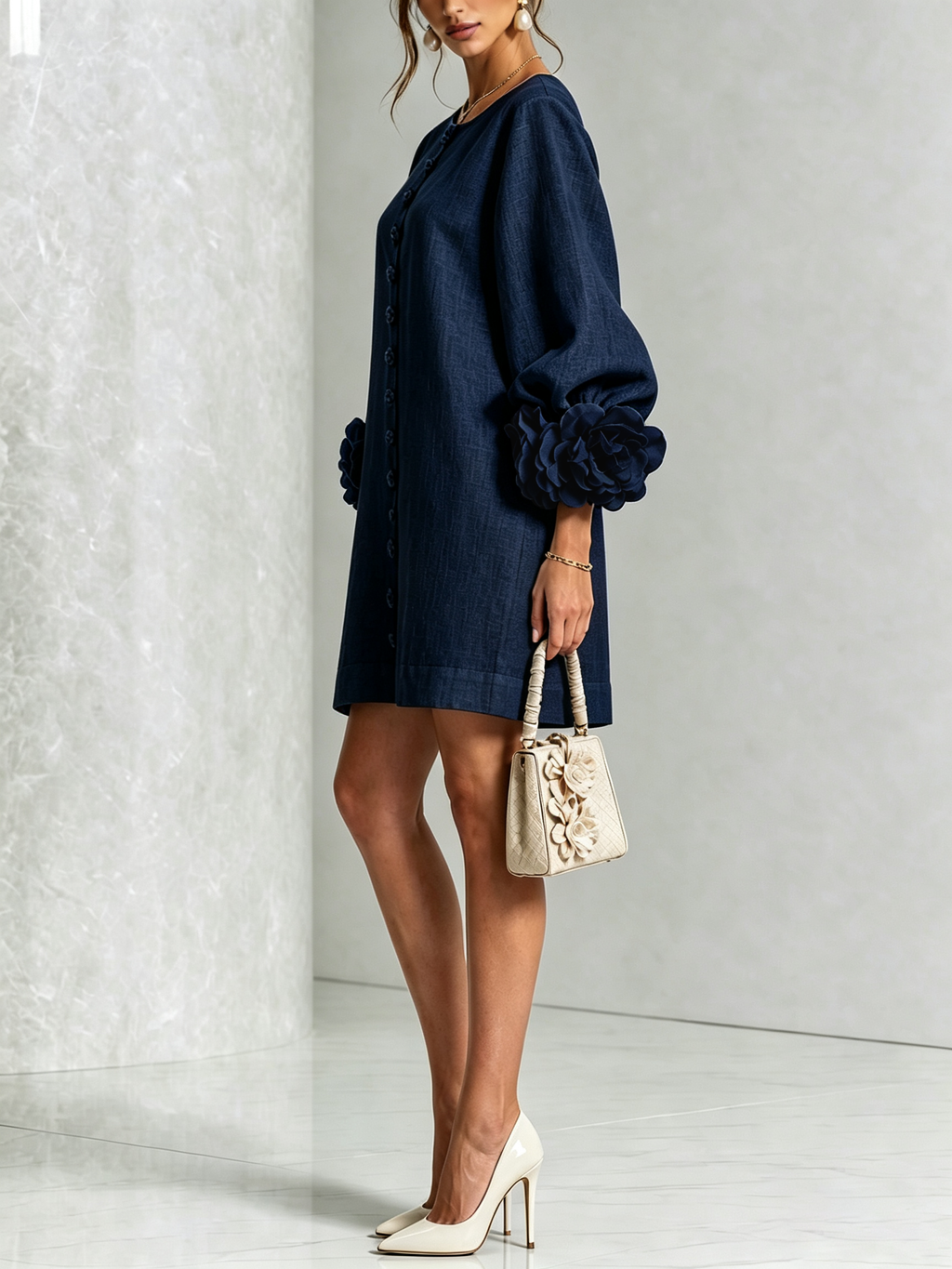 Amara™ | Vestido corto de lino con botones y flores en las mangas