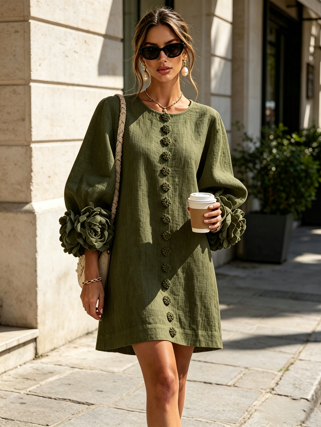Amara™ | Vestido corto de lino con botones y flores en las mangas