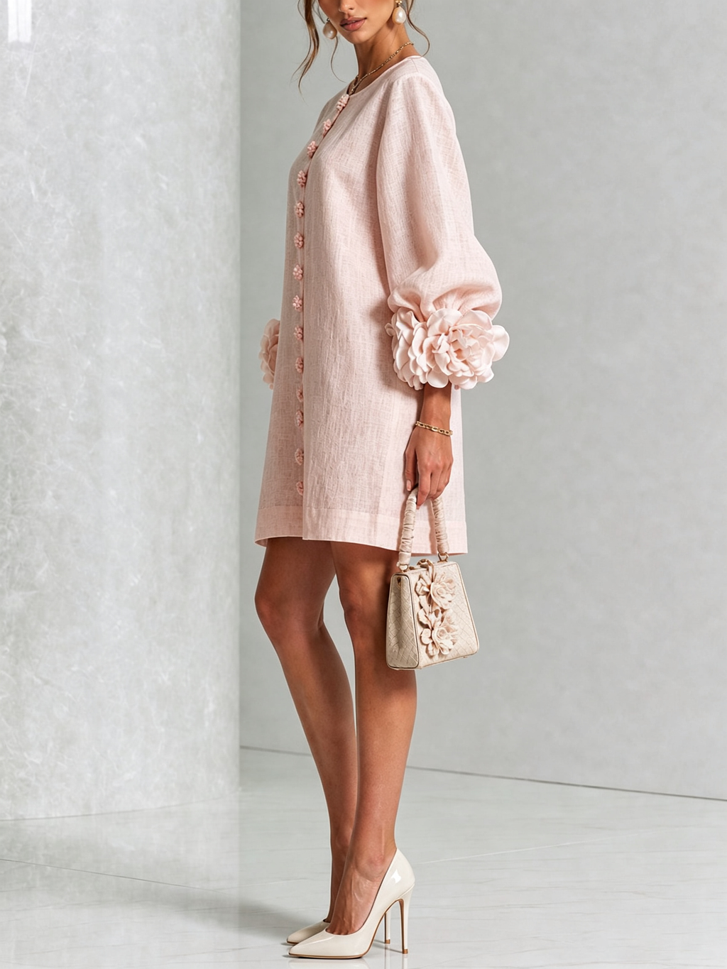Amara™ | Vestido corto de lino con botones y flores en las mangas