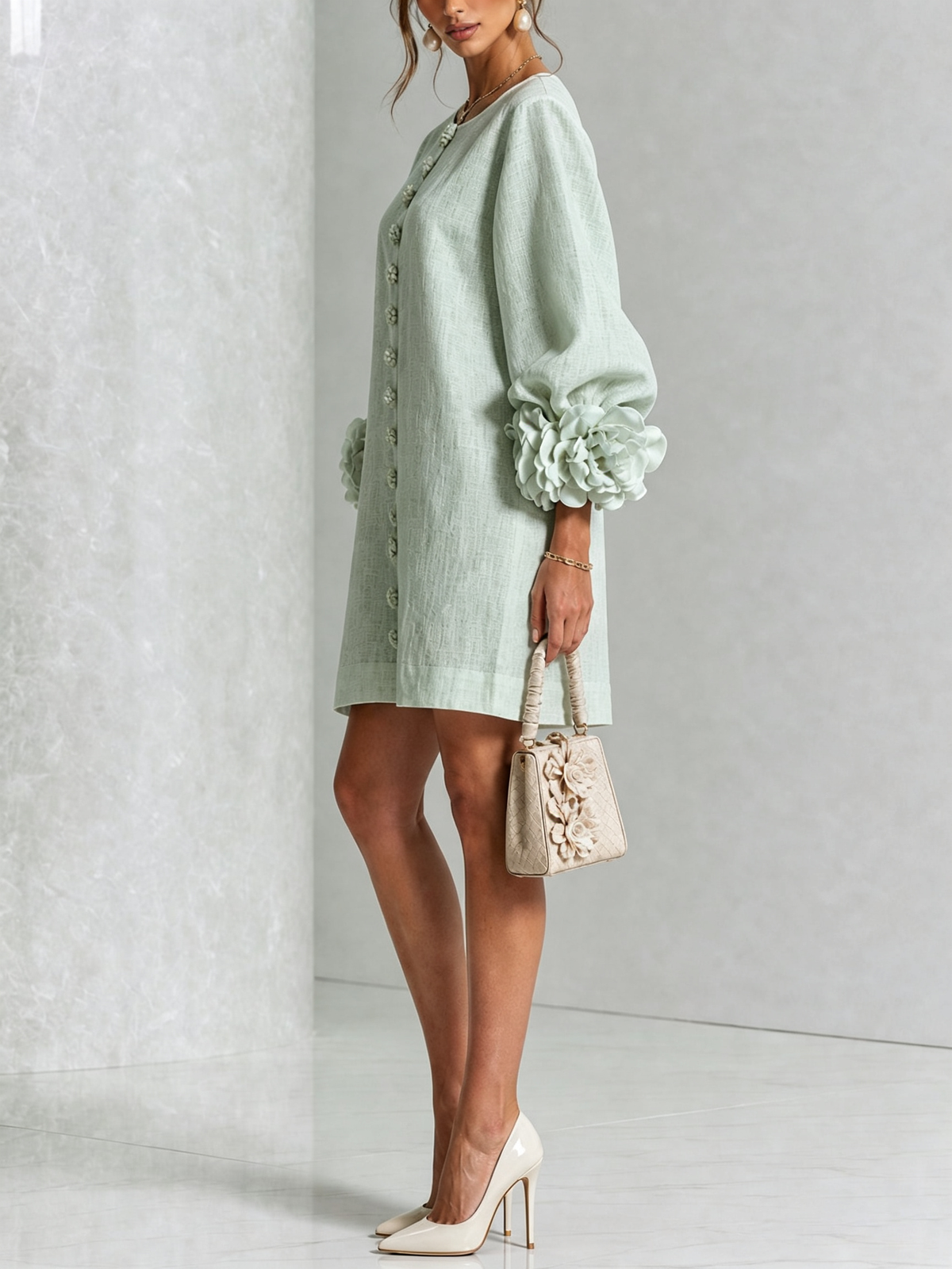 Amara™ | Vestido corto de lino con botones y flores en las mangas