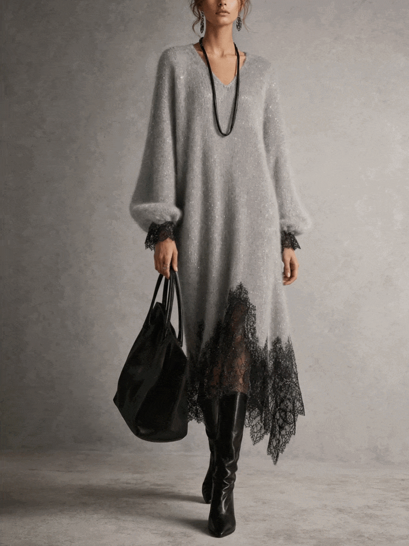 Noelia™ | Vestido largo de punto con bajo de encaje