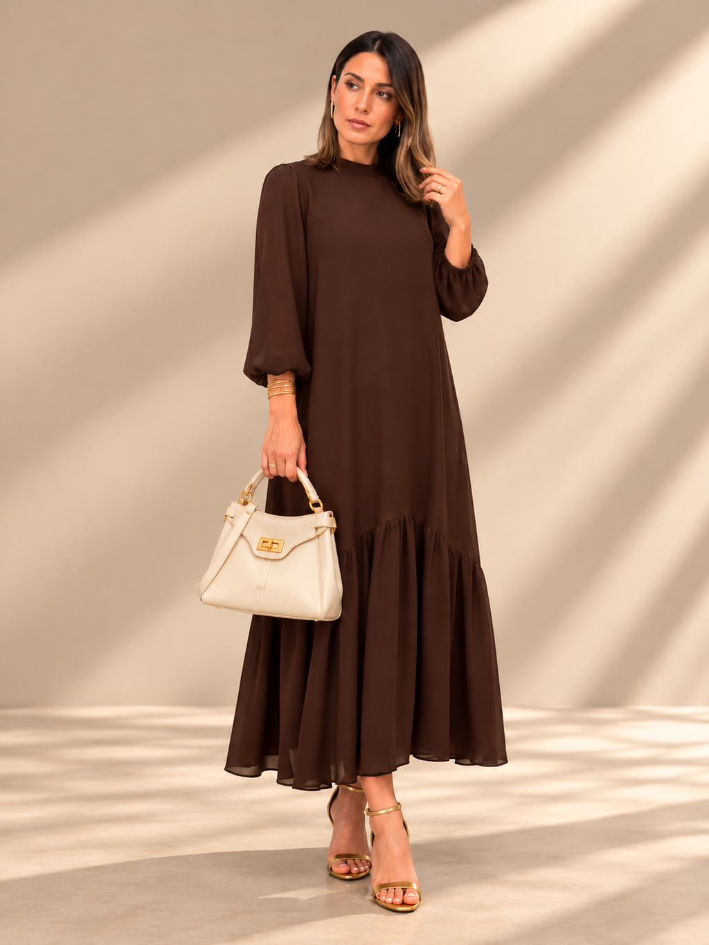 Elena™ | Vestido largo con vuelo y manga abullonada