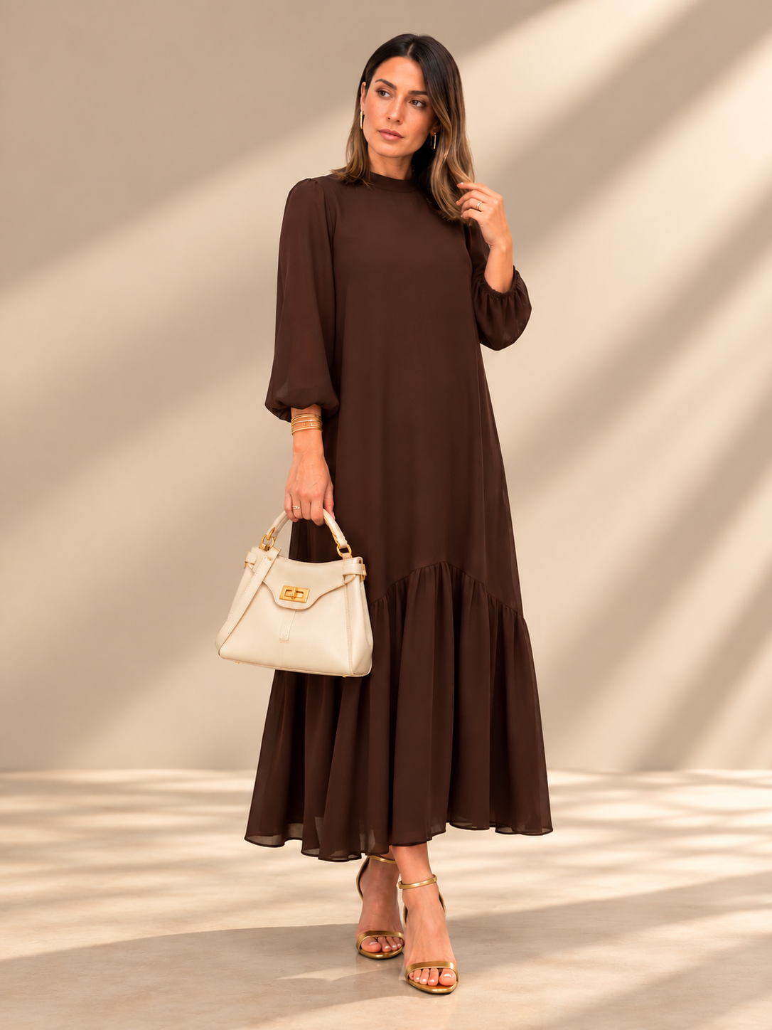 Elena™ | Vestido largo con vuelo y manga abullonada