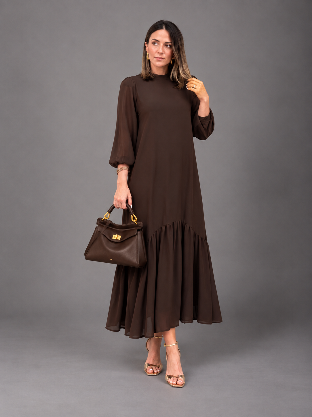 Elena™ | Vestido largo con vuelo y manga abullonada